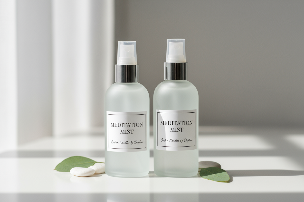 create an image with a 4 oz and 8 oz luxury spray bottle labeled Meditation Mist by Custom Candles by Daphne.