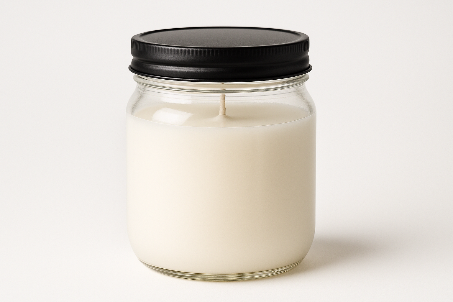 16 oz white candle in salsa jar with black lid