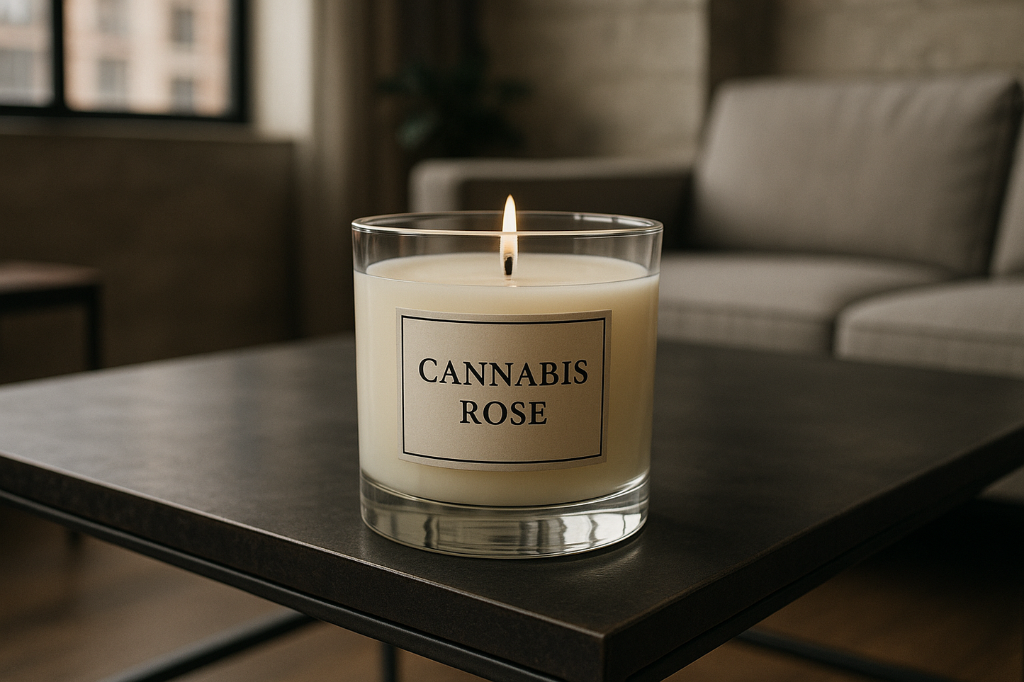 cannabis rose candle in a nice glass container on a nice urban coffee table