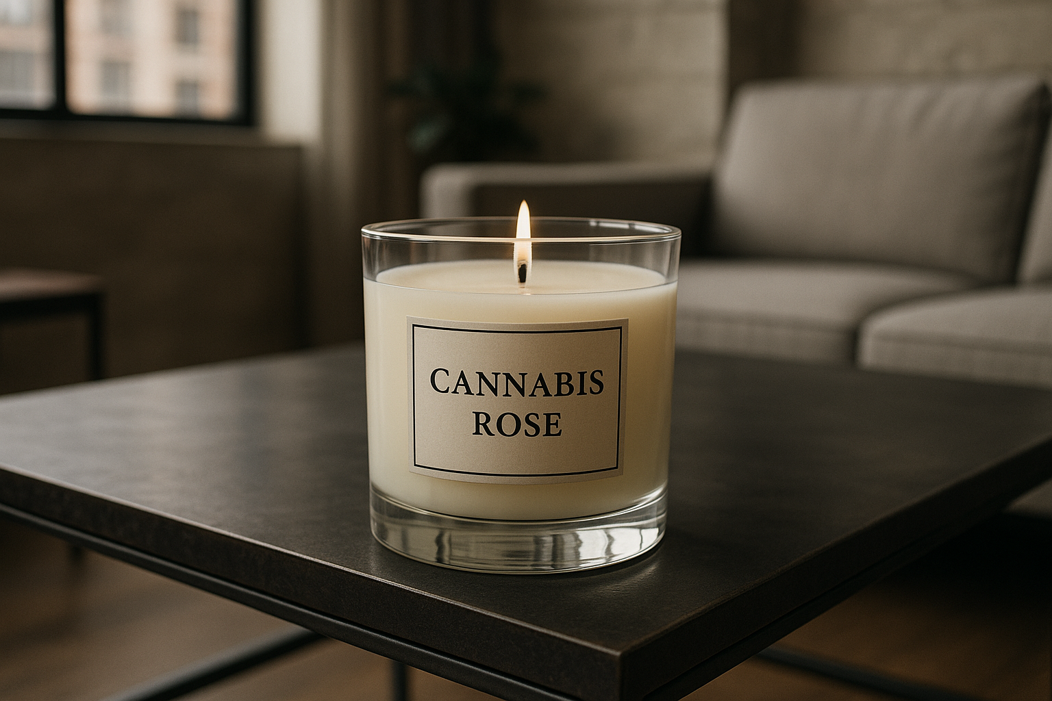 cannabis rose candle in a nice glass container on a nice urban coffee table