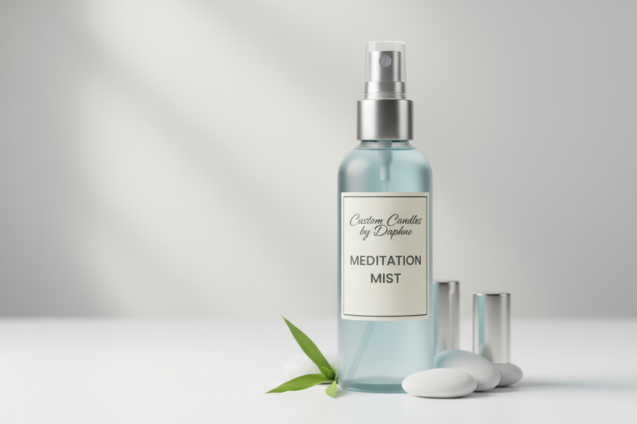 Generate an image of a fragrance spray bottle labeled Custom Candles by Daphne Meditation Mist